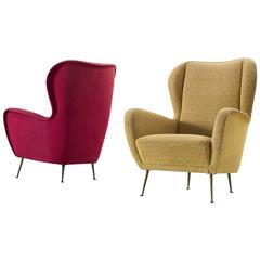 Pair of Italian Red and Yellow Wingback Lounge Chairs