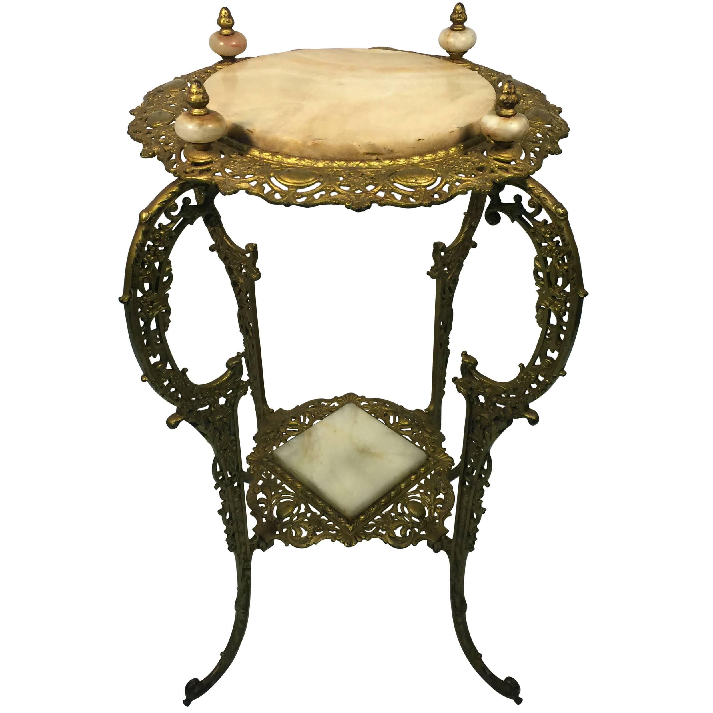 Amazing Art Nouveau Two-Tier Onyx and Gilded Iron Plant Stand For Sale