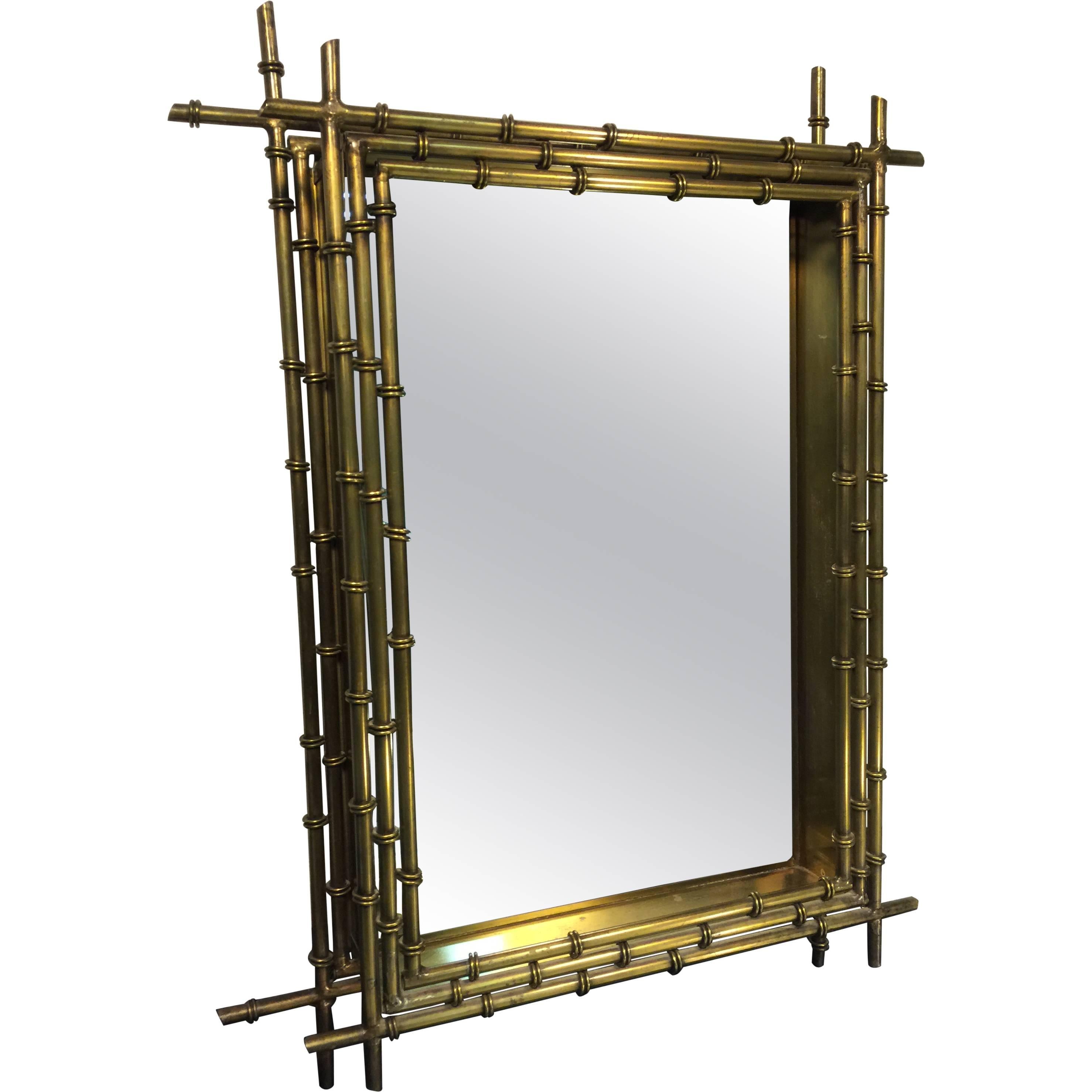 Fantastic Faux Bamboo Modernist Wall Mirror in Brass by Curtis Jere For Sale