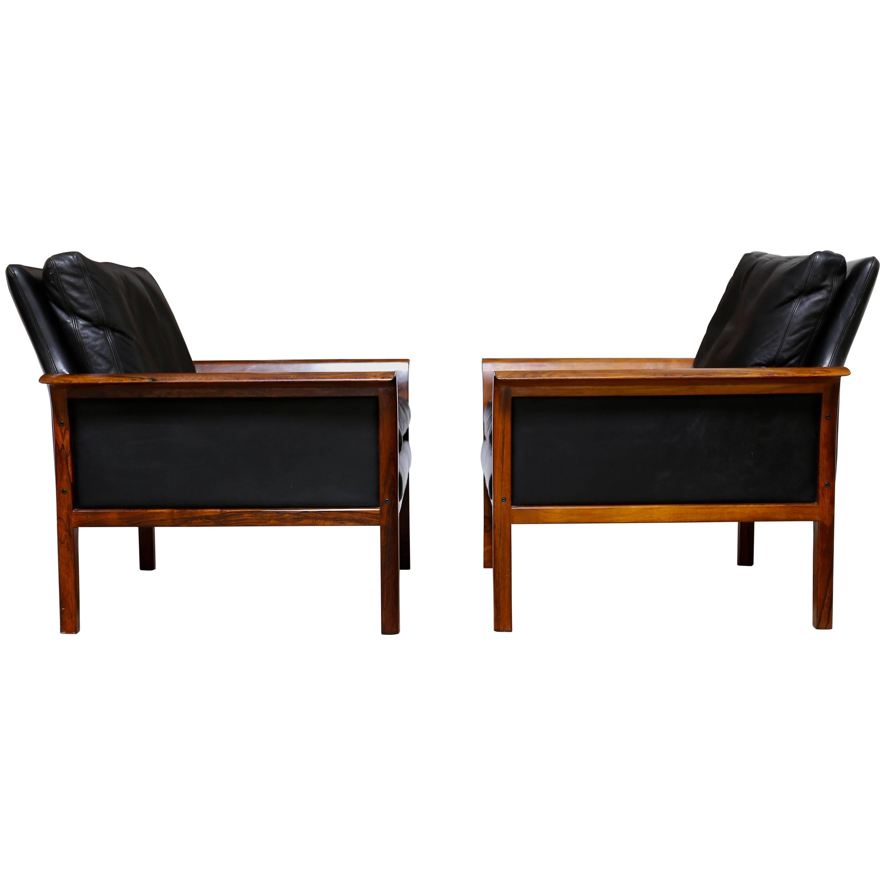Pair of Rosewood and Leather Lounge Chairs by Knut Saeter