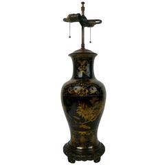 Antique Chinese Gilt Chinoiserie Decorated, Black Glazed Porcelain Vase, Electrified