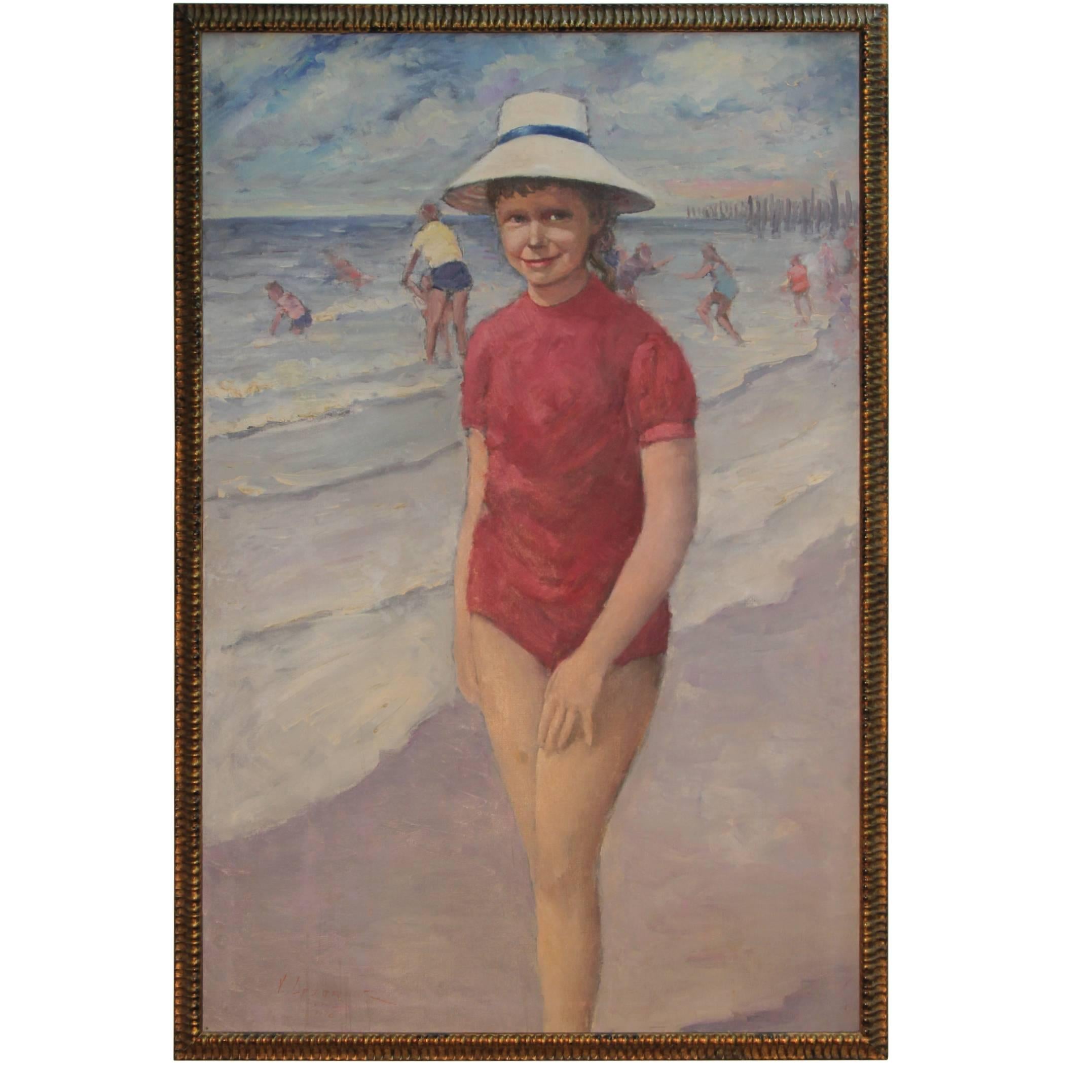 Vintage Russian Painting of Little Girl on the Beach For Sale
