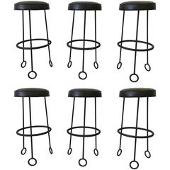 Set of 6 Leather Barstools in the Style of Jean Royère