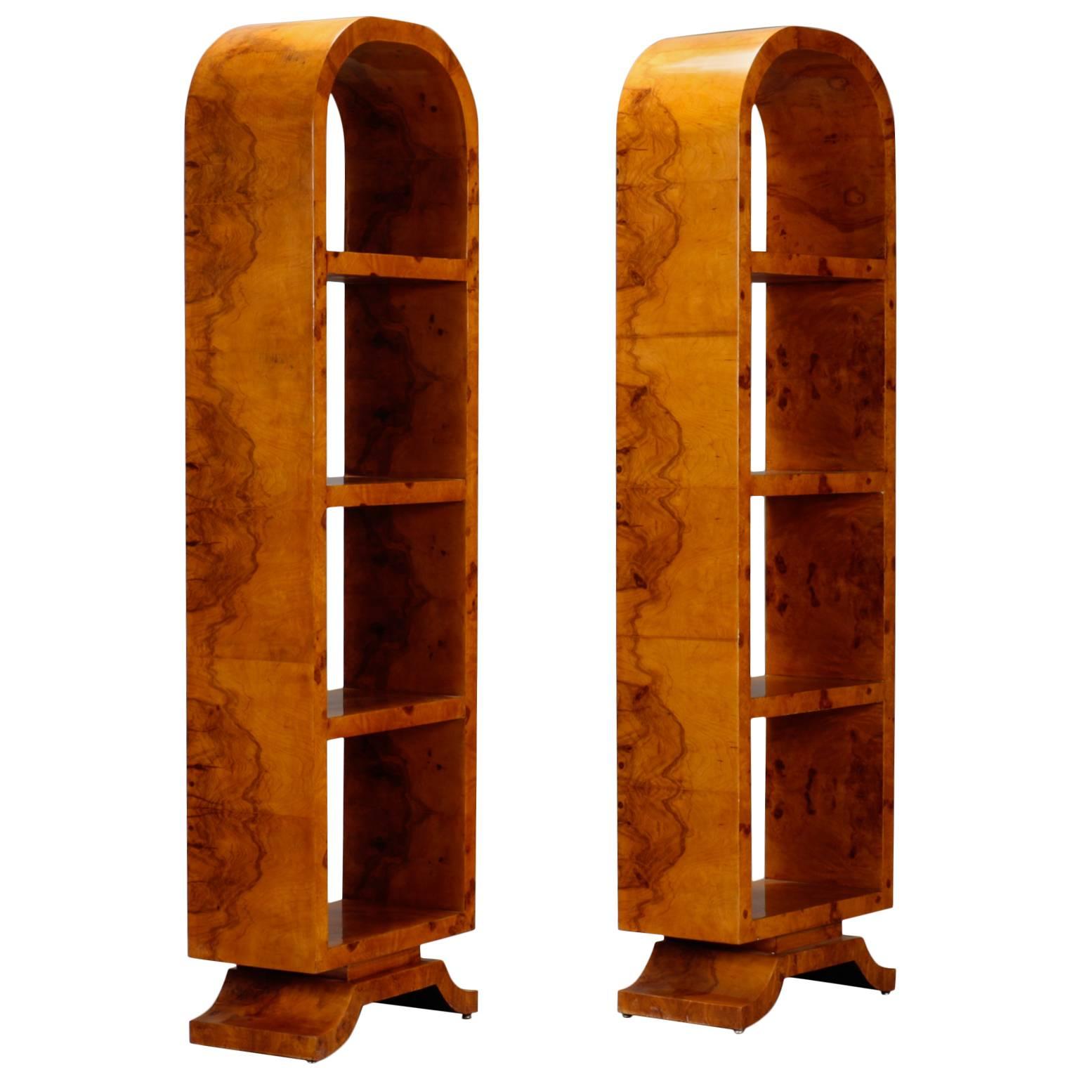 Pair of French Art Deco Arched Top Polished Wood Etageres