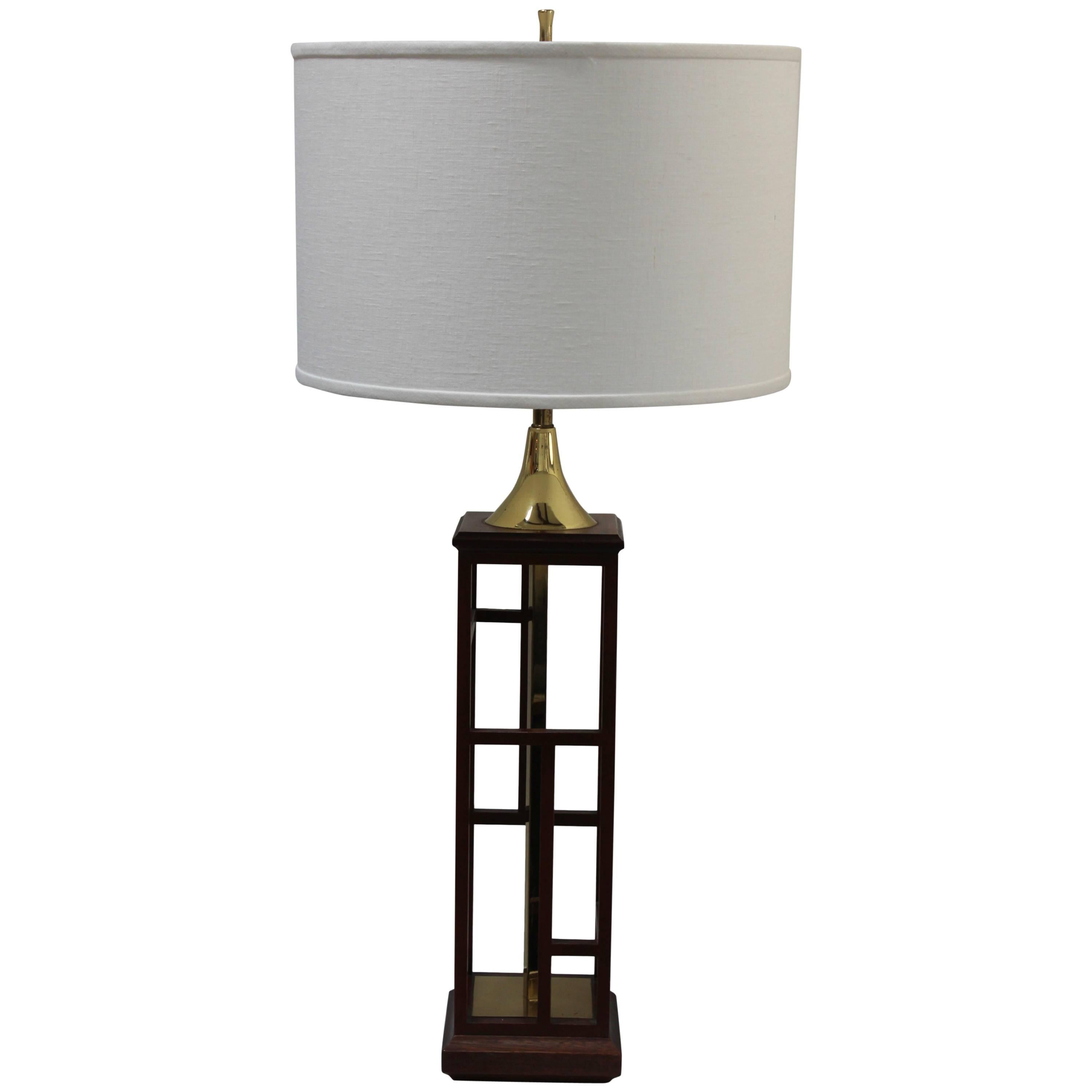 1960s Architectural Brass and Walnut Table Lamp