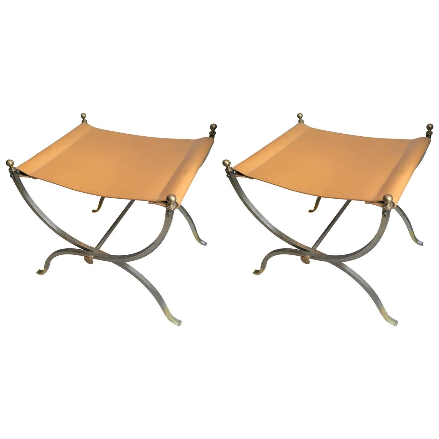 Maison Charles Pair of Bronze, Steel and Leather Folding Pure Pair of Stools For Sale