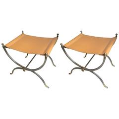 Maison Charles Pair of Bronze, Steel and Leather Folding Pure Pair of Stools