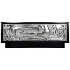 Sculptural Silver Leaf Cabinet with Brutalist Relief, Ebonized Case