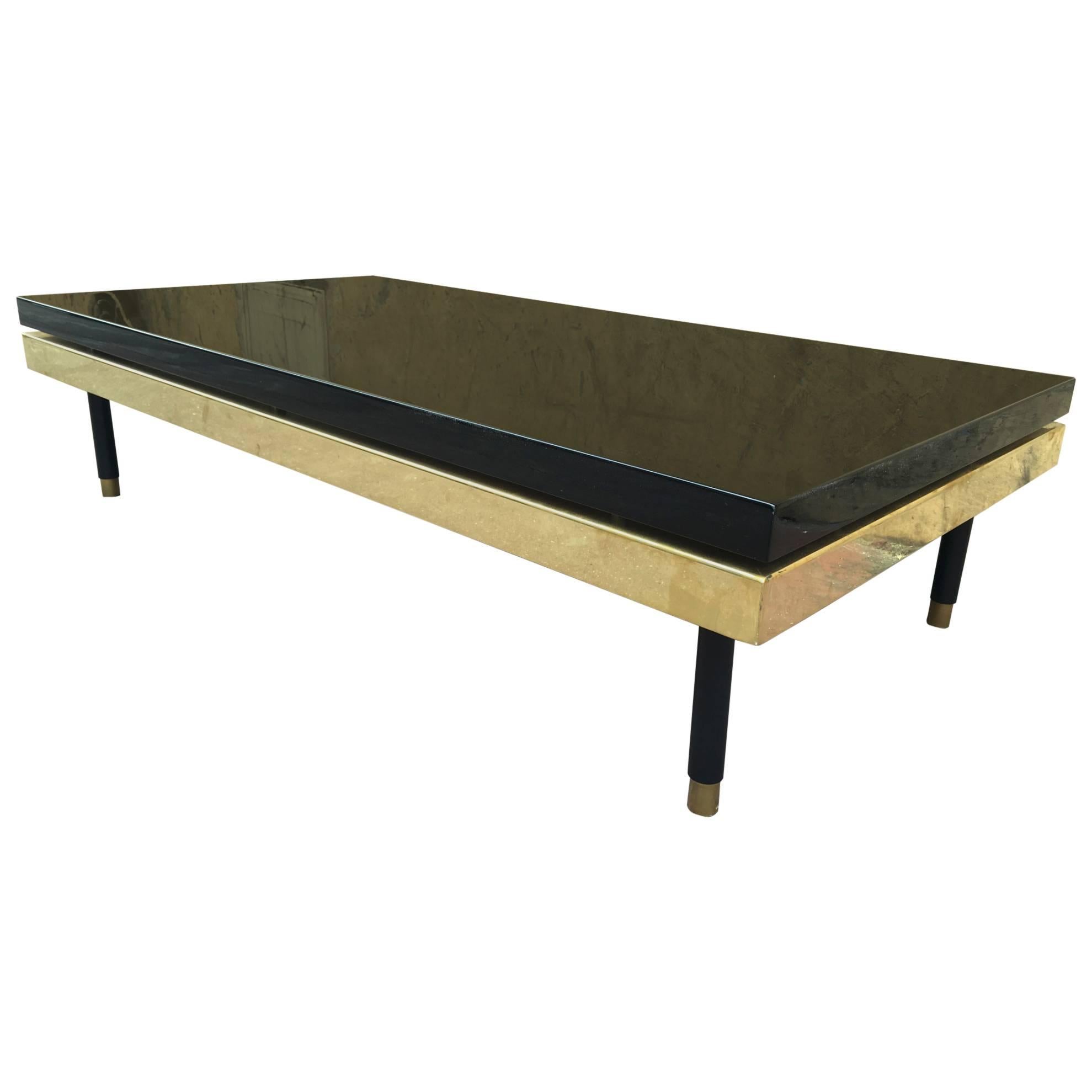 Superb Italian Black Lacquered Big Coffee Table with a Gold Metal Apron For Sale