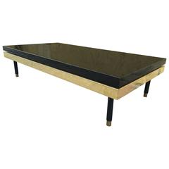 Superb Italian Black Lacquered Big Coffee Table with a Gold Metal Apron
