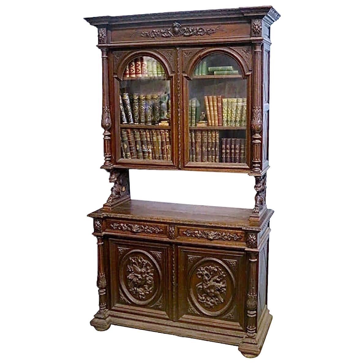 Tycoon's Carved Flemish Antique Buffet Bibliotheque, circa 1850 Provenance For Sale