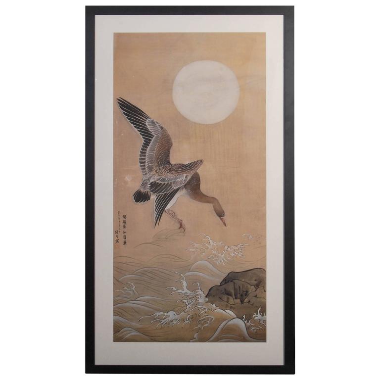 Antique Japanese Ink Painting of Geese in Flight, Dated Showa Period, 1935 For Sale