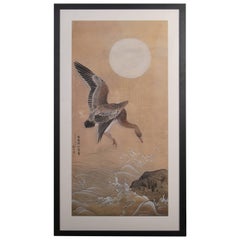 Antique Japanese Ink Painting of Geese in Flight, Dated Showa Period, 1935