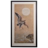 Antique Japanese Ink Painting of Geese in Flight, Dated Showa Period, 1935