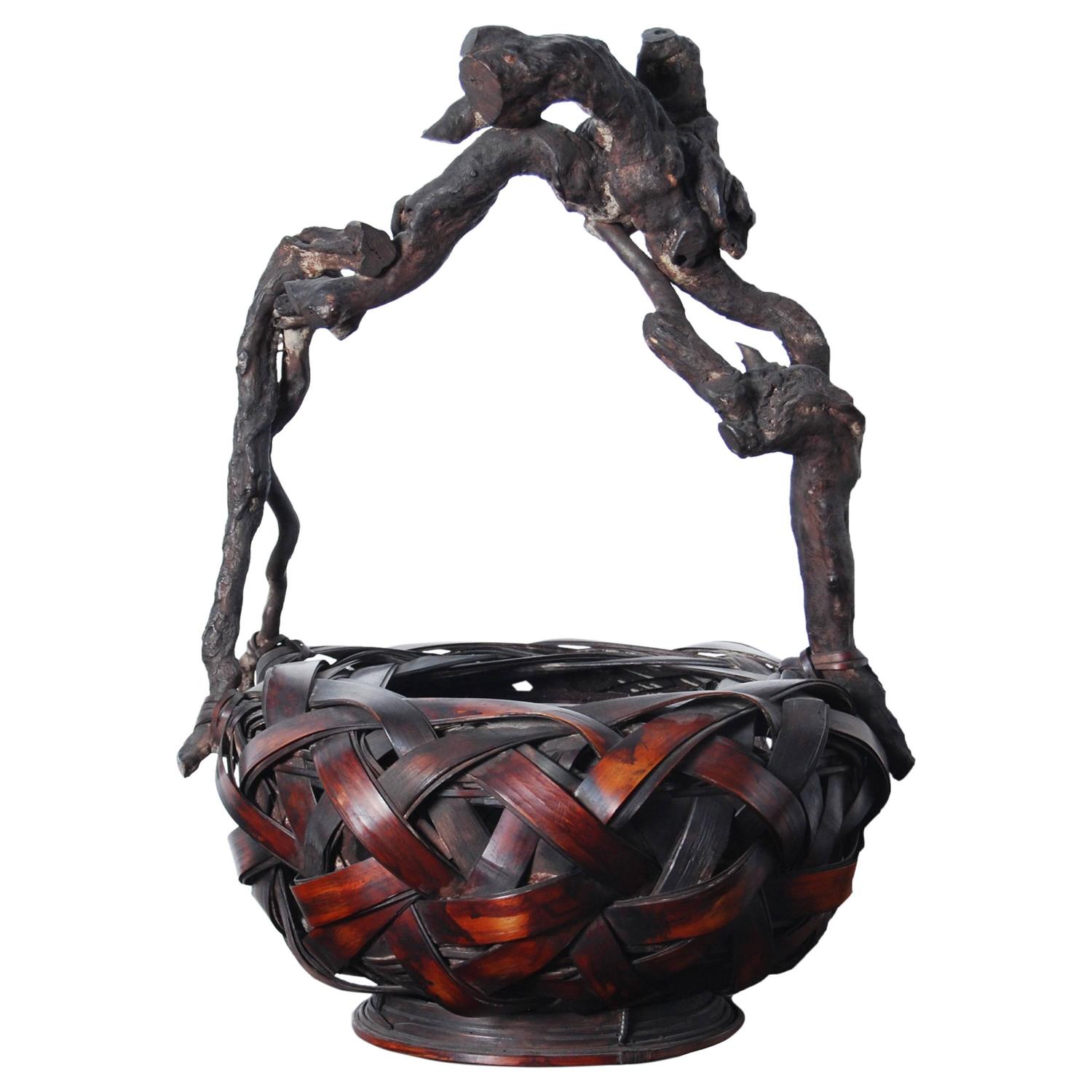 Antique Japanese Bamboo Ikebana Basket with Rootwood Handle, Meiji