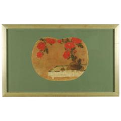 Antique Japanese Fan Painting of Chrysanthemum Bonsai, Edo Period