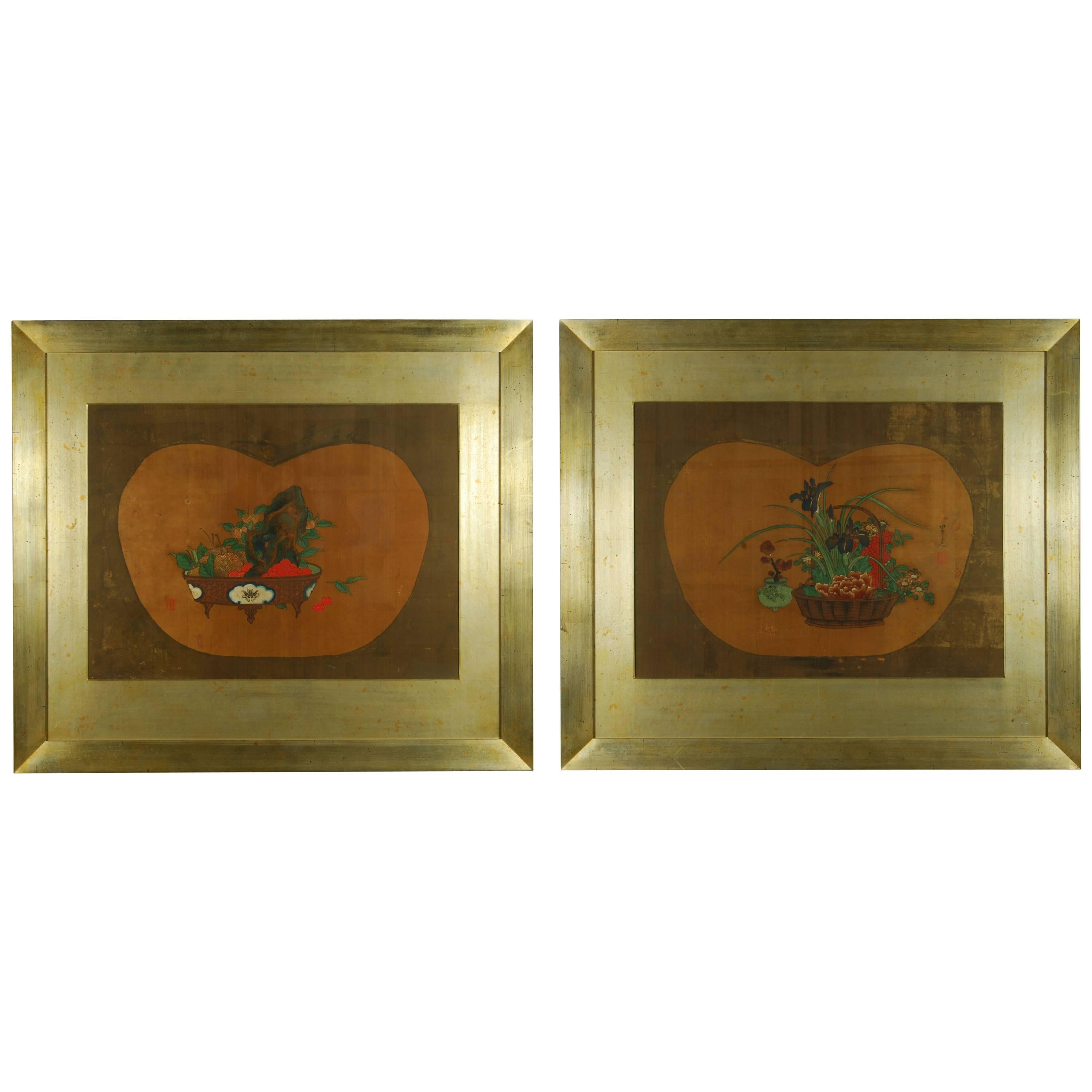 Paire de peintures japonaises anciennes de fleurs par Yanagisawa Kien, vers le 18ème siècle