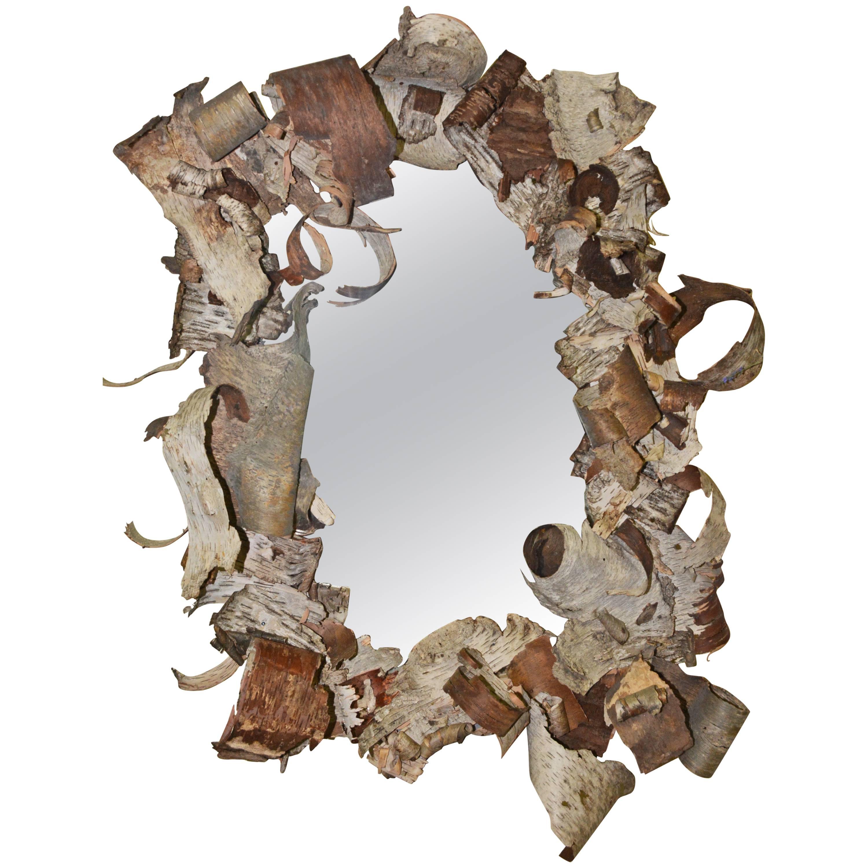 Rustic Curled Birch Bark Mirror For Sale