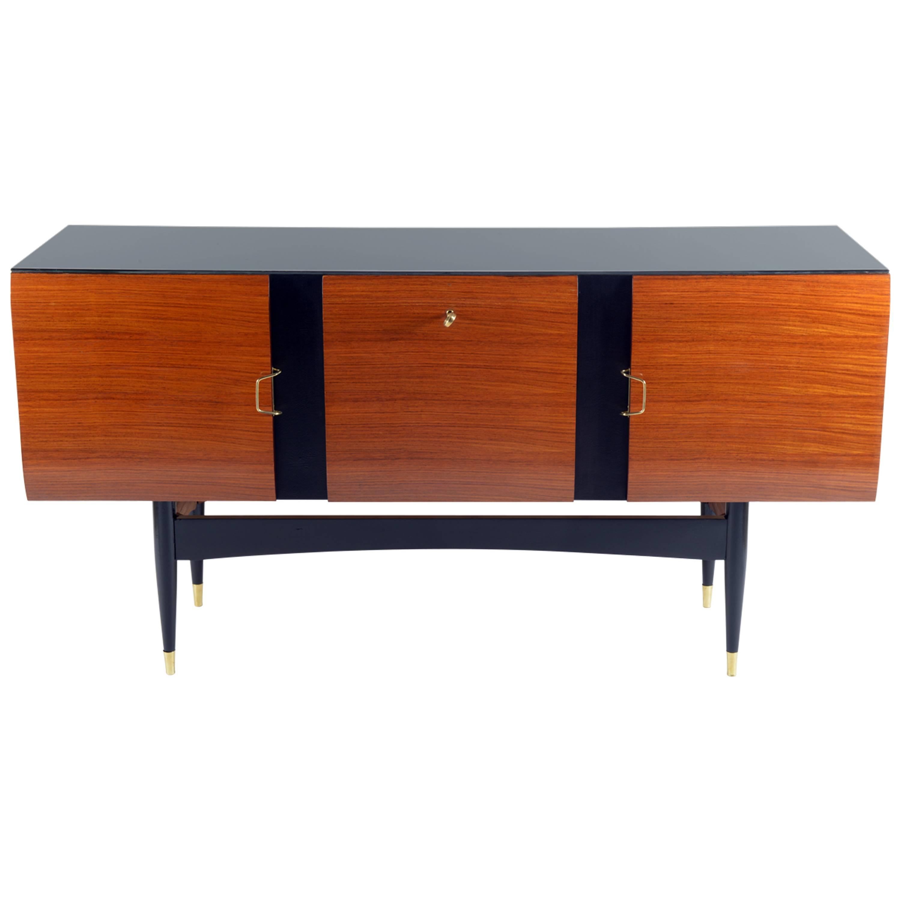 Italian 1950s Exotic Wood Three Doors Sideboard