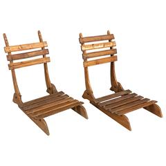 Antique French Oak Foldable Beach Chairs, Set of Two