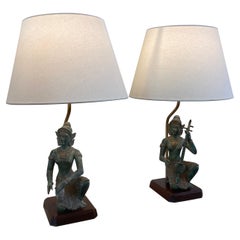 Mid-Century Bronze Table Lamps Thai Musicians Verdigris Patina Wood Base 1970s