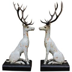 Pair of circa 1900 Painted Carved Wood Stags