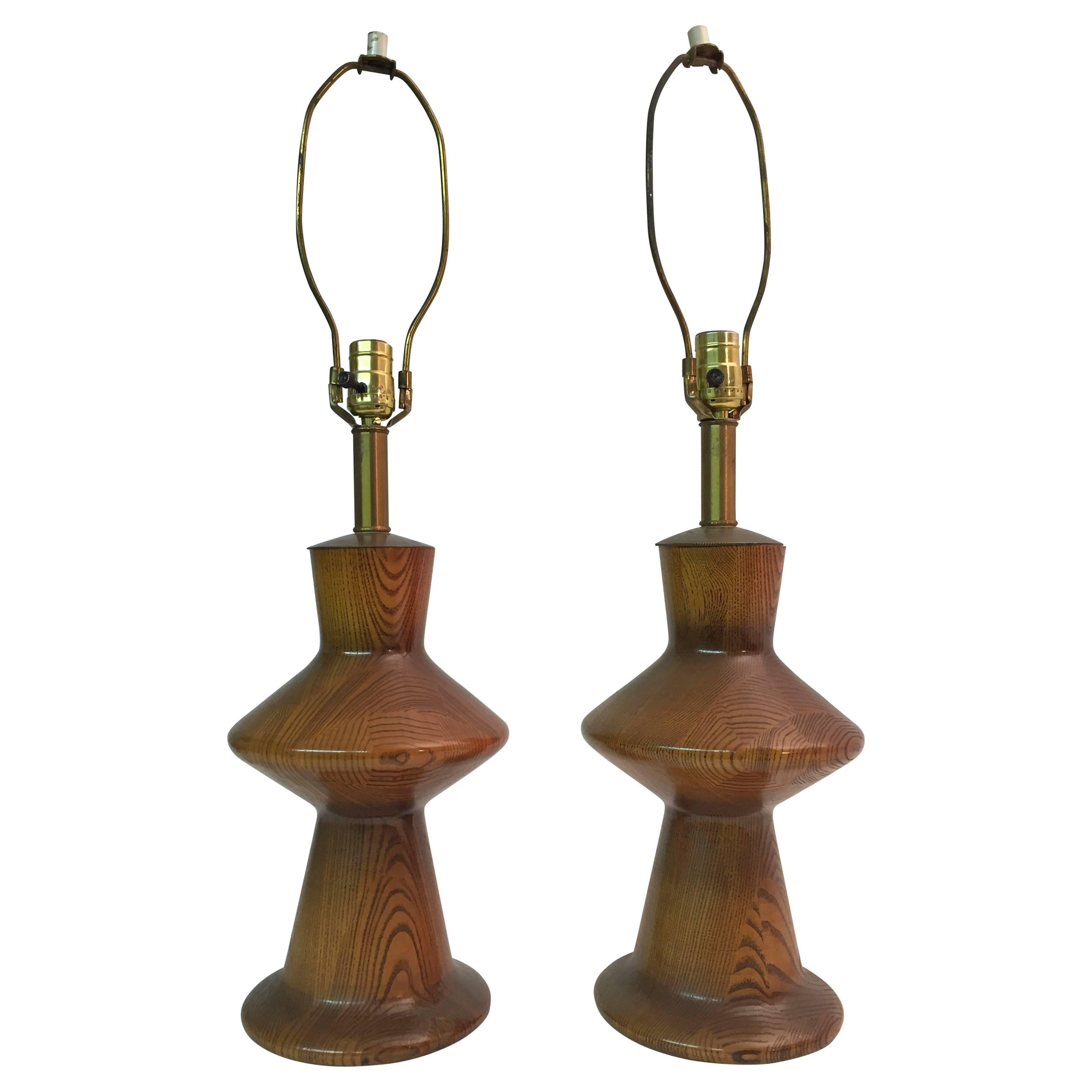 Pair of Modernist Turned Oak Table Lamps in the Manner of Jacques Grange