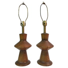 Pair of Modernist Turned Oak Table Lamps in the Manner of Jacques Grange