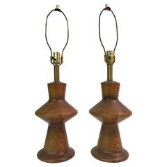 Pair of Modernist Turned Oak Table Lamps in the Manner of Giacometti 2