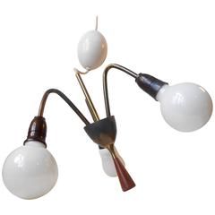Italian Modernist Chandelier, Biomorphic Center with Brass and Teak Details 4