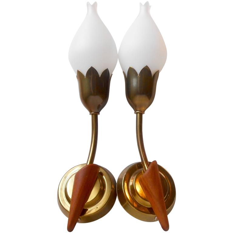 Rare Pair of 'Tulip' Wall Sconces by Fog and Mørup, Opal Glass, Teak