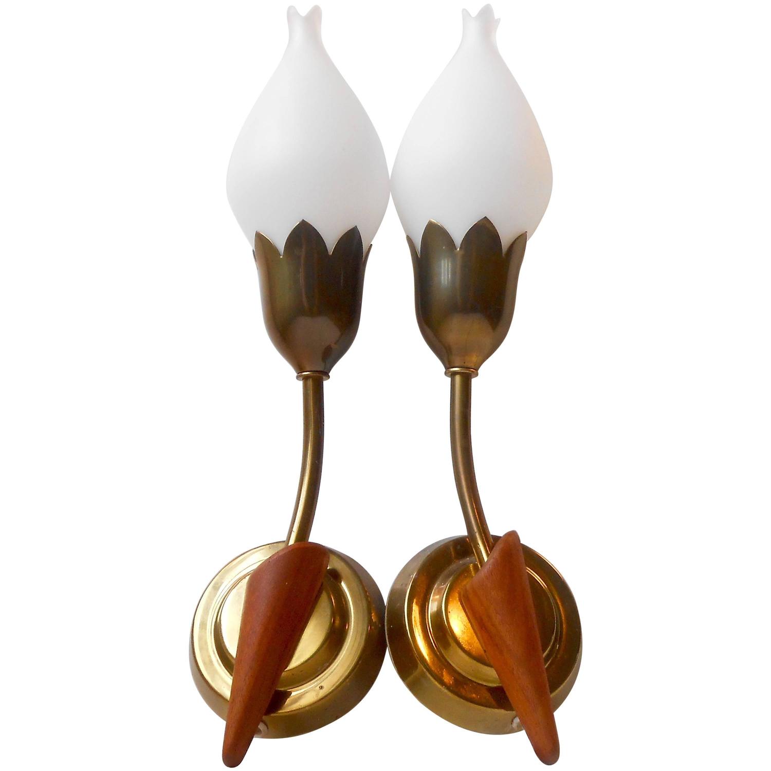 Rare Pair of Tulip Wall Sconces by Fog and M?rup, Opal Glass, Teak and Brass For Sale at 1stdibs