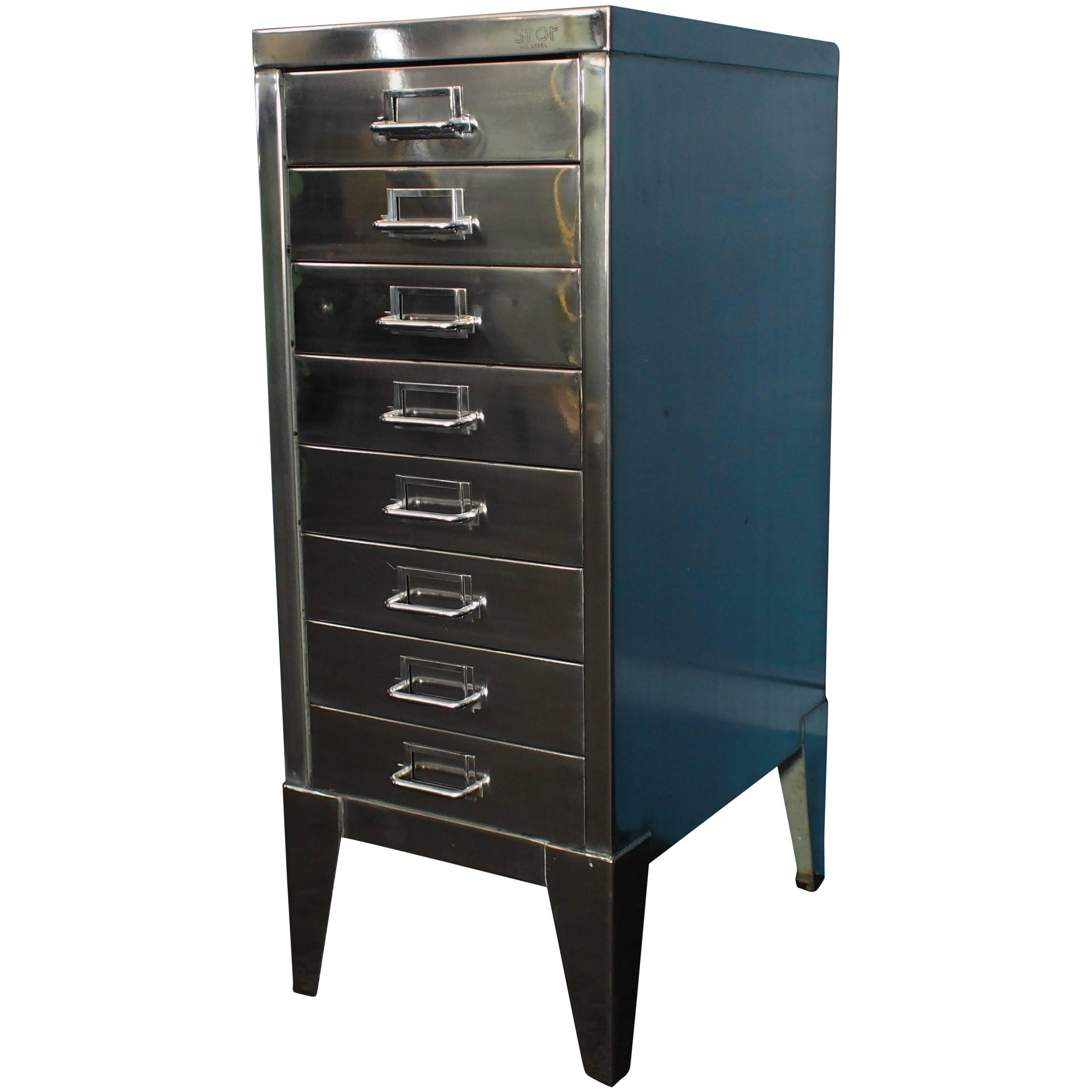 Industrial Polished Steel Filing Cabinet with Tapered Legs by Stor, circa 1950s