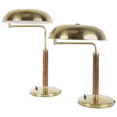 Pair of Swiss Bauhaus Desk Lamps Brass and Oak by Amba, 1940