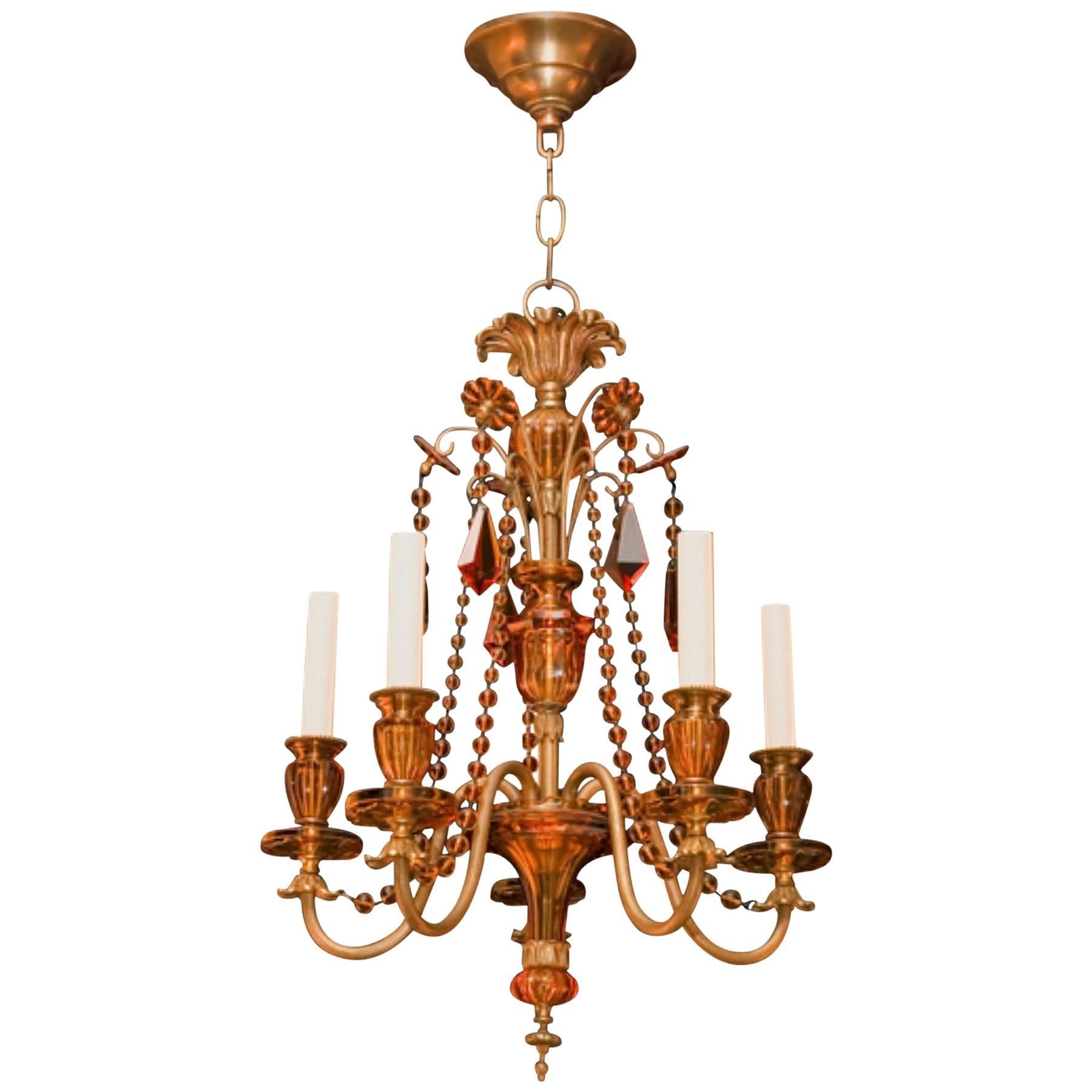 French Venetian Style Cut Amber Crystal and Bronze Chandelier with Five Arms