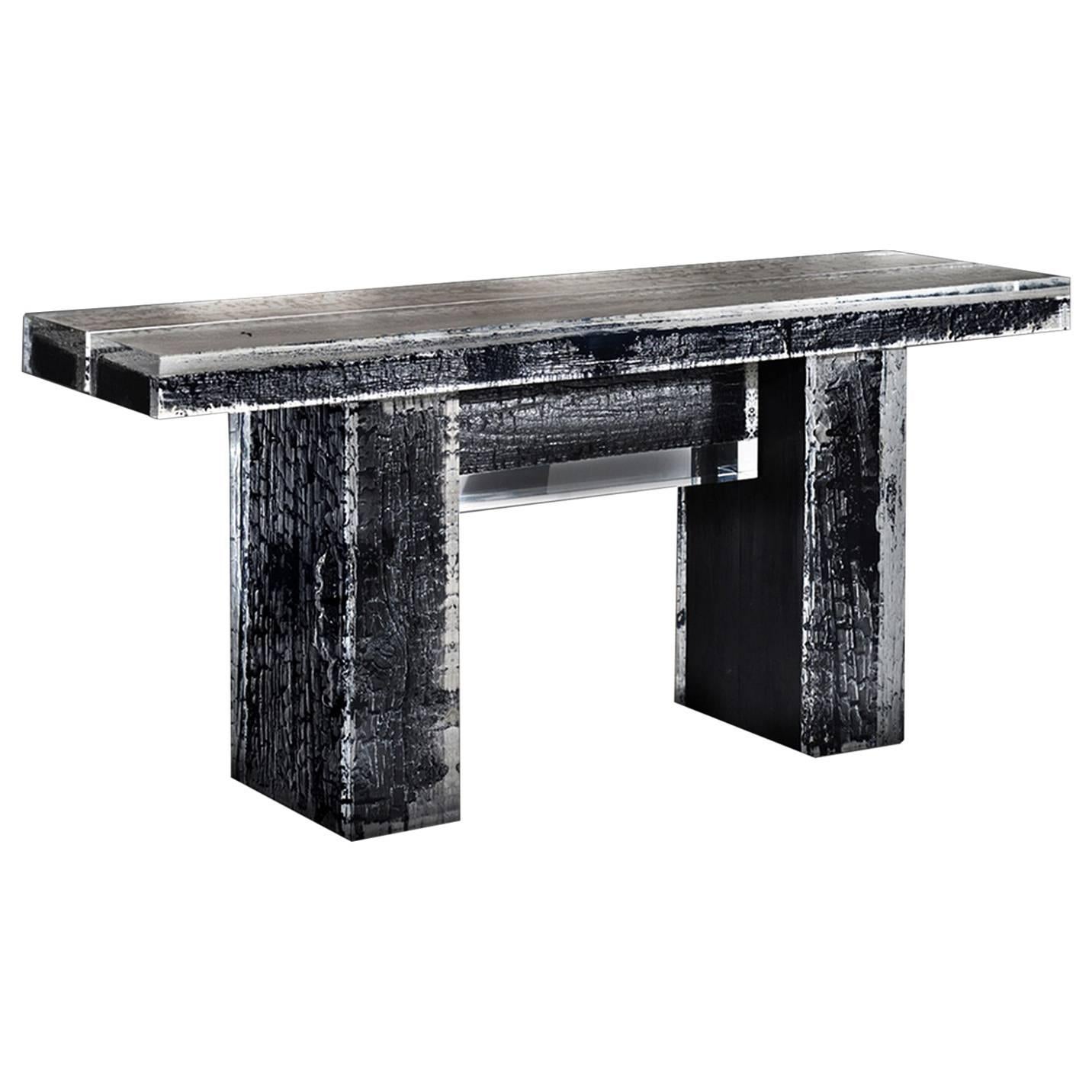 Ice Burnt Console Table with Burnt Timber in Crystalline Acrylic