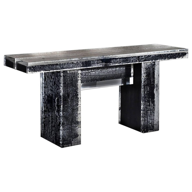 Ice Burnt Console Table with Burnt Timber in Crystalline Acrylic For Sale