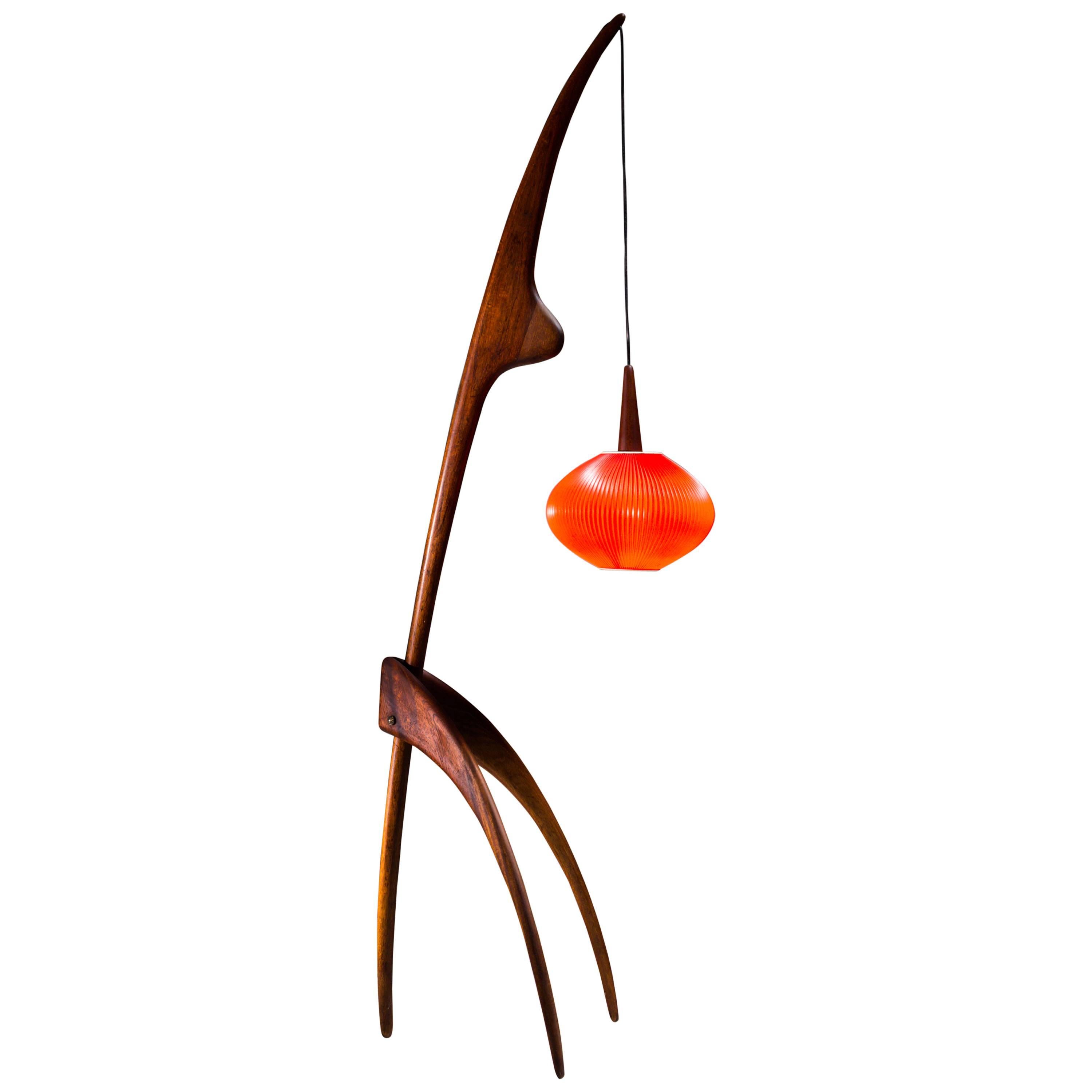 Rispal Mante Religieuse Floor Lamp with Rare Red Shade, France, 1950s