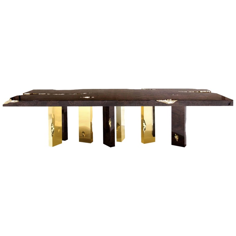 Majestic Dinning Table in Mahogany and Polished Brass Sheets For Sale