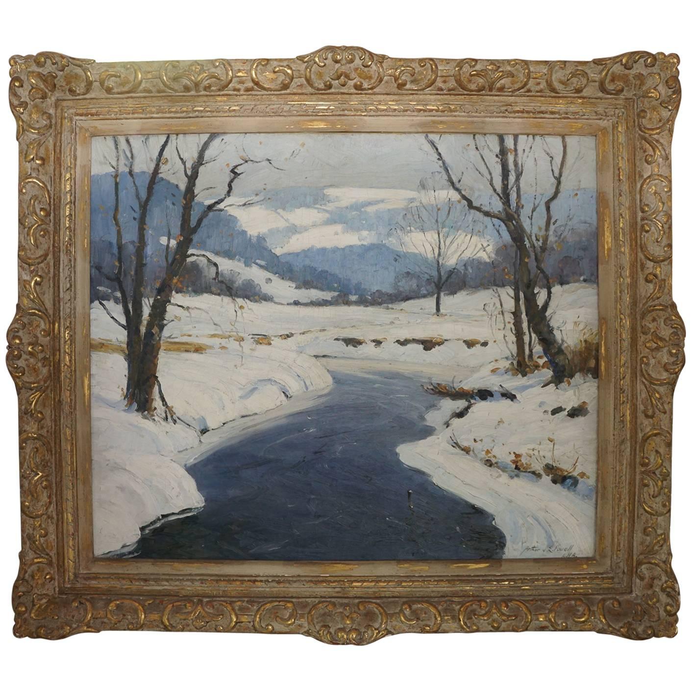 American Oil on Canvas, "Ten Mile River in the Snow" by Arthur J. E. Powell For Sale