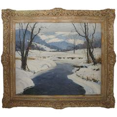Antique American Oil on Canvas, "Ten Mile River in the Snow" by Arthur J. E. Powell