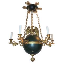 French Empire Green Globe Bronze Eagle Six Swan Arms Neoclassical Chandelier