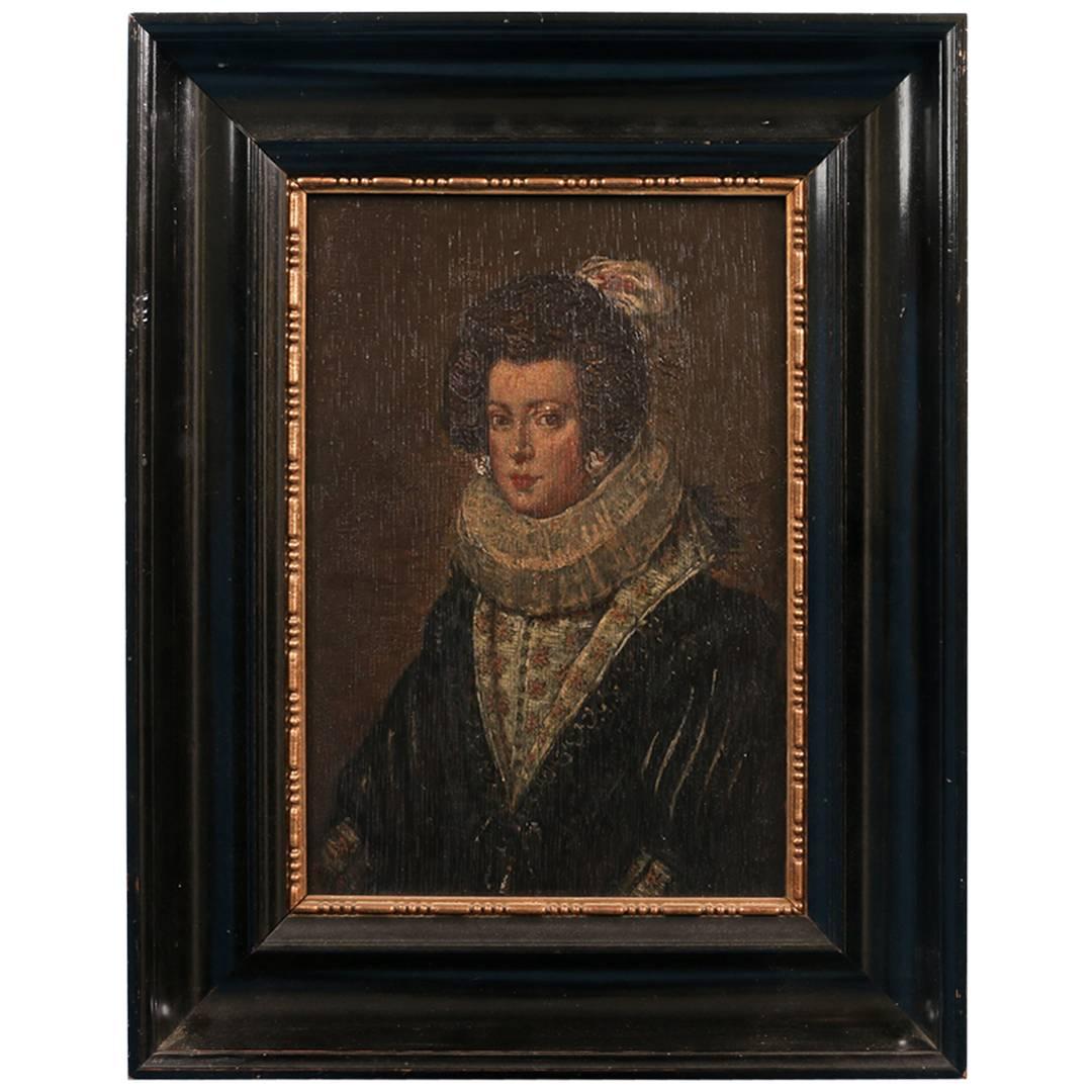 Antique Painting on Wood Panel, Portrait of a Dutch Lady, circa 1840