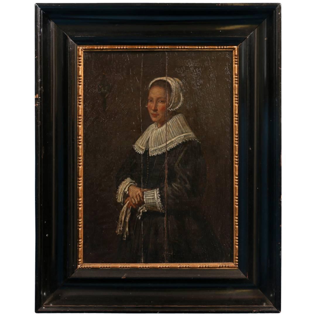 Antique Painting on Wood Panel, Portrait of a Dutch Woman