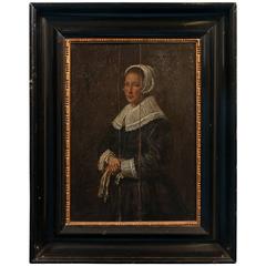 Antique Painting on Wood Panel, Portrait of a Dutch Woman