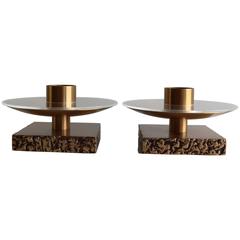 Pair of Mid-Century Modern Cast and Spun Metal Brutalist Candle Holders