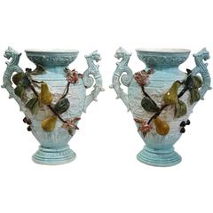Pair of Early 20th Century French Barbotine Vases with Pears and Flowers