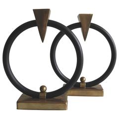 Pair of Geometric Memphis Style Brass and Metal Candleholders