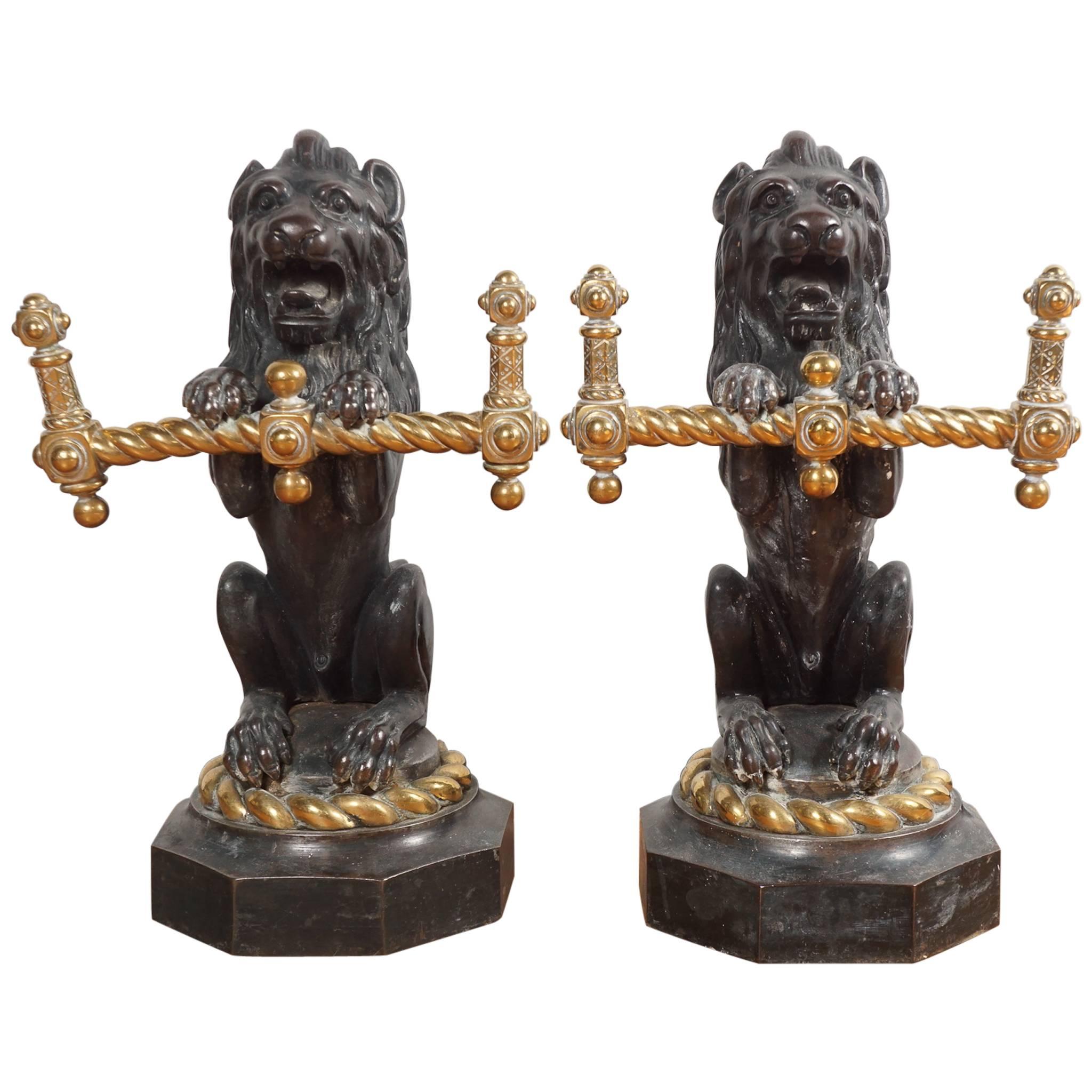 Pair of English 19th Century Lion Form Bronze and Brass Fire Tool Holders