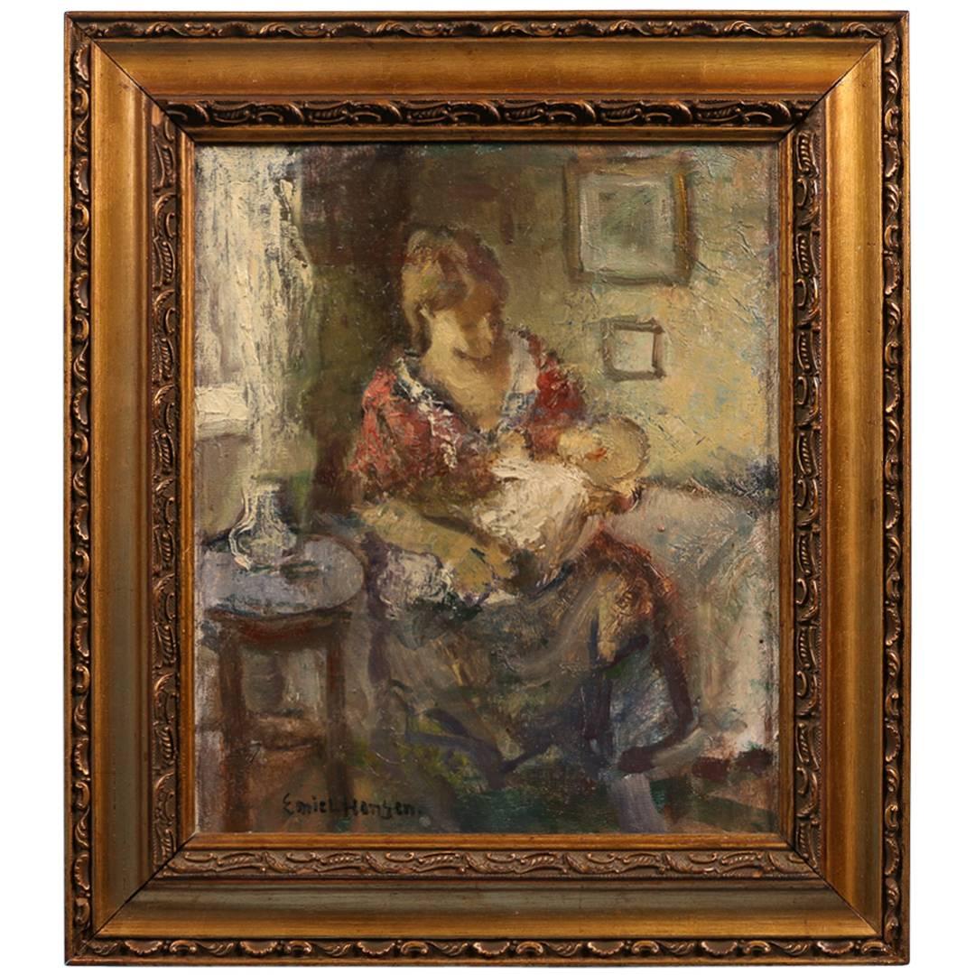 Antique Danish Impressionist Painting of a Mother and Child, Signed Emiel Hansen